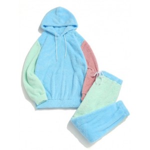 Colorblock Panel Fluffy Hoodie And Pants Two Piece Set